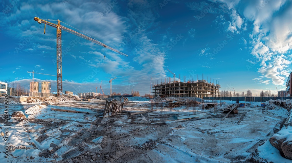 Poster a construction site with a crane in the background. suitable for industrial concepts
