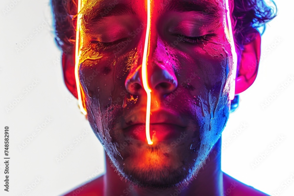 Poster close up of a person with a neon light on their face. suitable for creative projects