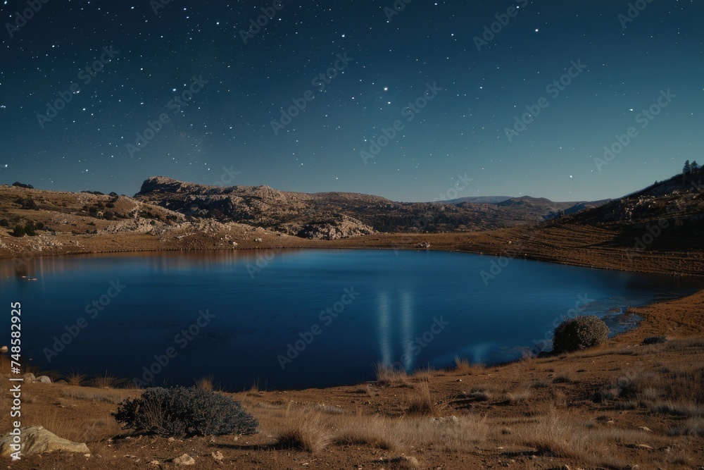 Poster a serene lake in a desert with a majestic mountain in the background. ideal for nature and travel co