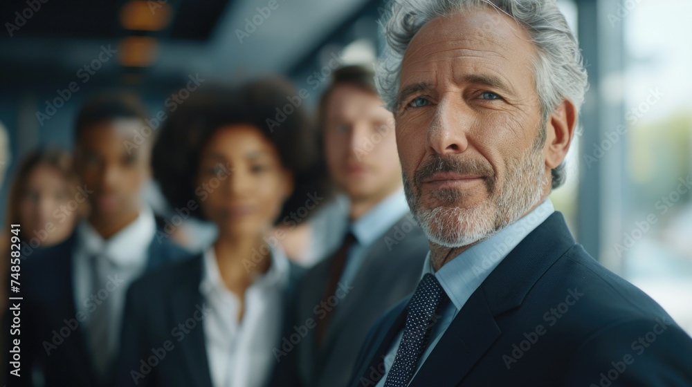 Poster a man in a suit standing in front of a group of people. suitable for business presentations