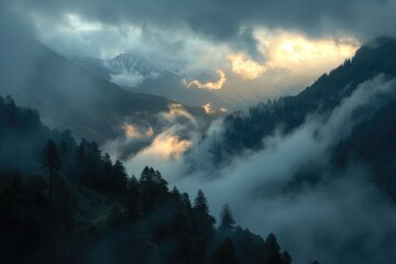 Sun shining through clouds over mountain landscape. Perfect for nature and travel concepts