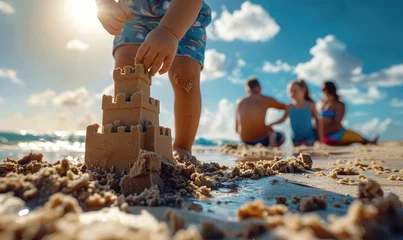 Keuken spatwand met foto A child's hand building a sandcastle. Family beach vacation © piai
