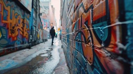 Urban scene with person walking past graffiti wall. Suitable for urban art or street culture themes