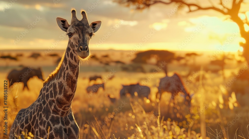 Poster a giraffe standing in a field with other animals in the background. suitable for wildlife and nature