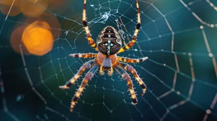a close up of a spider on it's web in the middle of it's cobwe. - obrazy, fototapety, plakaty