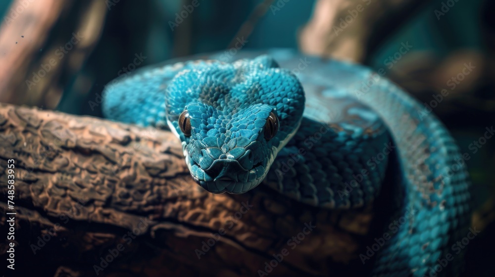 Poster a close up of a blue snake on a branch. suitable for nature and wildlife themes