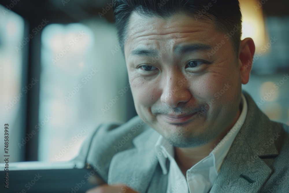 Poster a man in a suit looking at a tablet. suitable for business concepts