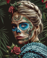 Naklejka premium T-shirt applique design. Portrait of a girl wearing makeup in honor of the Day of the Dead. Chicano style.