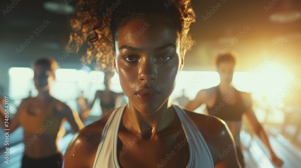 Poster a group of people running in a gym. suitable for fitness and exercise concepts