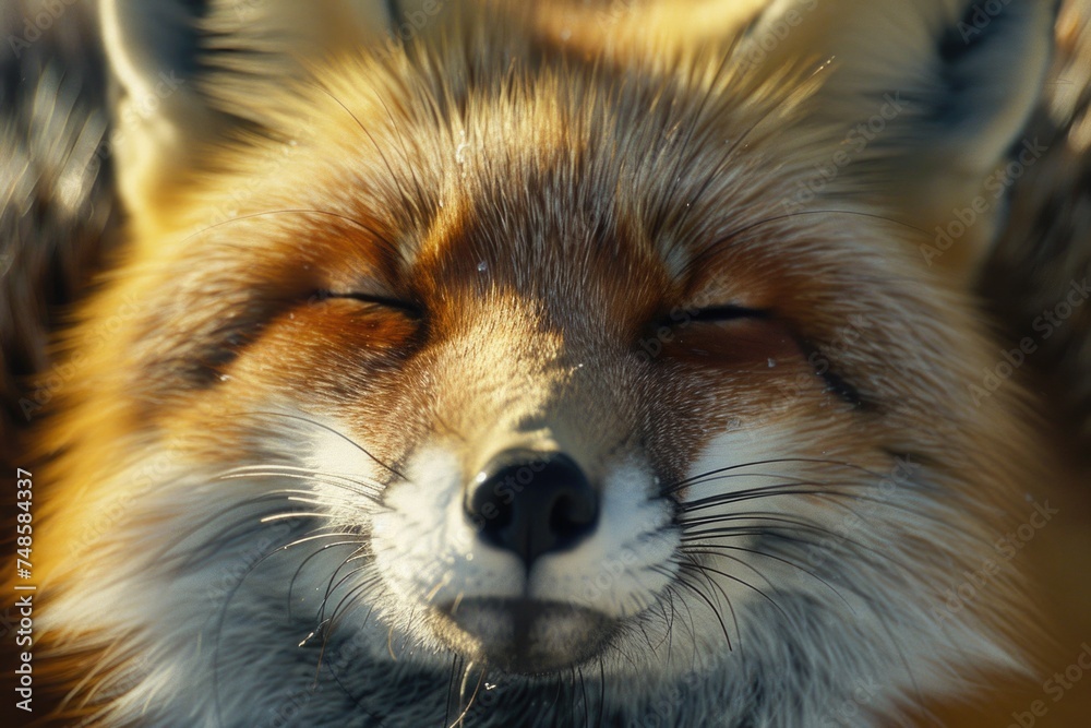 Poster close up image of a red fox with its eyes closed. suitable for wildlife and animal themes