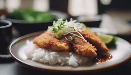 view of aesthetic chicken katsu with some rice and garnish on top image background
