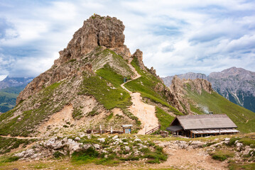 Wooden mountain refuge in Dolomite alps, Italy in summer