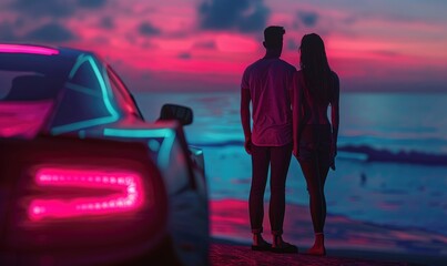 Couple is standing at a viewpoint at breathtaking beach, looking to the ocean with a modern sporty...