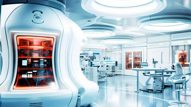 Smooth clean white and red futuristic interior, science fiction lab or space ship