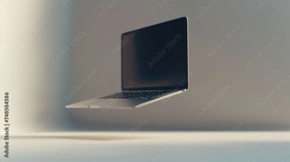 Poster a modern laptop computer on a table, suitable for technology concepts