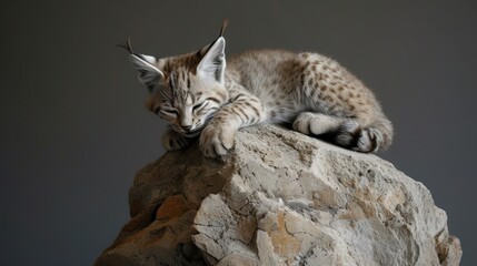 a small kitten laying on top of a rock on top of a rock face to face with it's head resting on it's paw. - obrazy, fototapety, plakaty