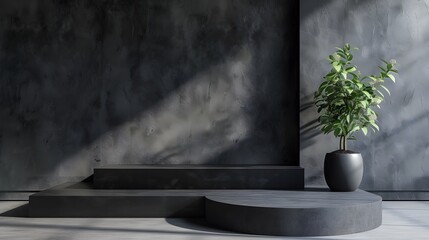 3d rendering of a dark and moody room with a single plant.