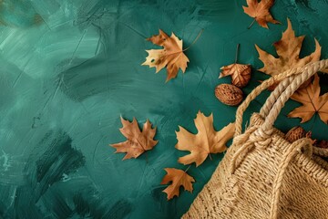 A jute bag filled with leaves and nuts, perfect for autumn themes or nature concepts - obrazy, fototapety, plakaty