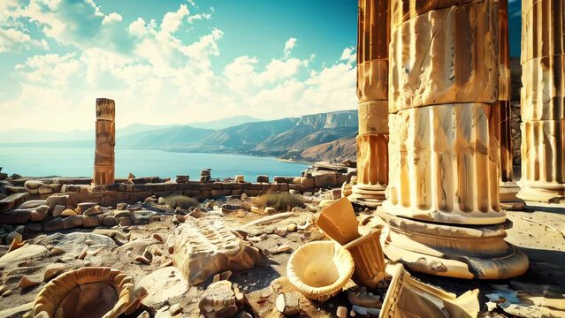 Ruins of an ancient Greek temple near Mediterranean sea