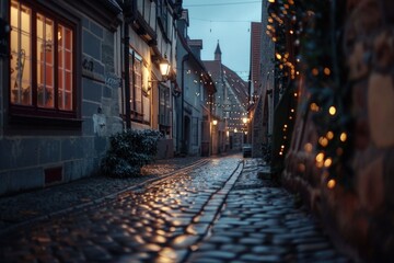A charming cobblestone street illuminated by festive Christmas lights, perfect for holiday-themed designs