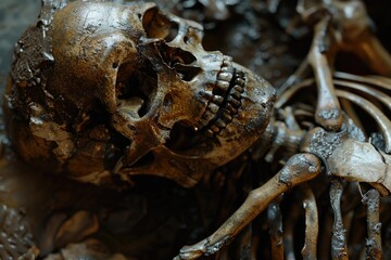 Detailed close up of a skeleton with a human skeleton in the background. Ideal for medical or Halloween-themed projects