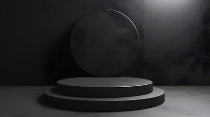 3D rendering of a black podium with a circular backdrop. The podium is made of a smooth, reflective material and is lit by a single spotlight.