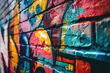 Fototapeta premium Vibrant graffiti artwork on a brick wall, perfect for urban themes
