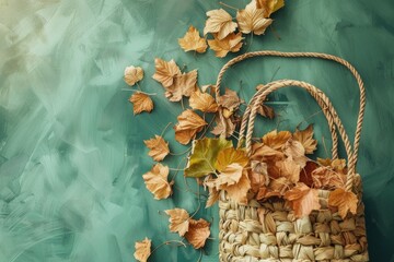 A wicker basket filled with leaves on a vibrant green background. Ideal for nature or eco-friendly themed designs - obrazy, fototapety, plakaty