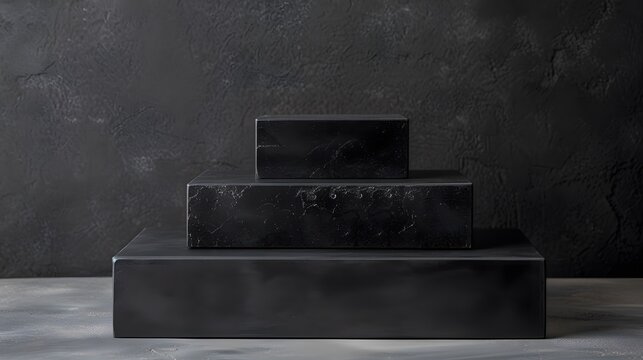 Black podiums on a dark background. Pedestal for product presentation. 3D rendering.