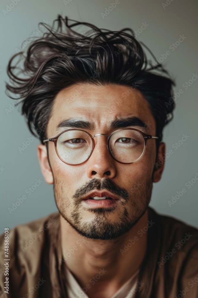 Poster a man with glasses and a beard looking directly at the camera. suitable for business and professiona