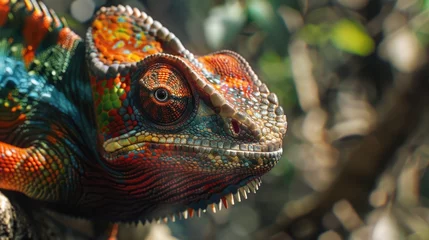 Tafelkleed A vibrant chameleon perched on a tree branch, perfect for nature concepts © Fotograf