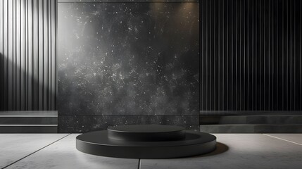 3D rendering of a black marble podium with spotlight. Dark background with wood plank wall.
