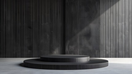 Black wooden podium on a white concrete floor against a dark wood background. The podium is made of two cylinders.