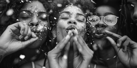A black and white photo of a group of people blowing confetti. Ideal for celebrations and parties - obrazy, fototapety, plakaty