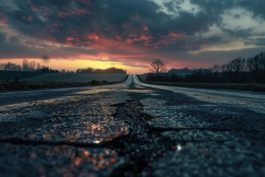 A serene image of an empty road with a beautiful sunset in the background. Perfect for travel or inspirational concepts