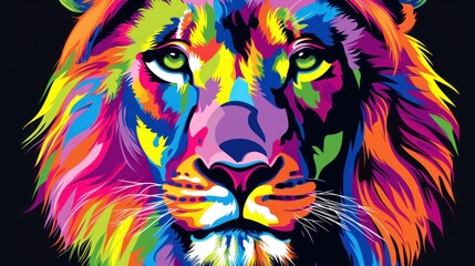 a close up of a lion's face with multi - colored paint splattered on it's face.