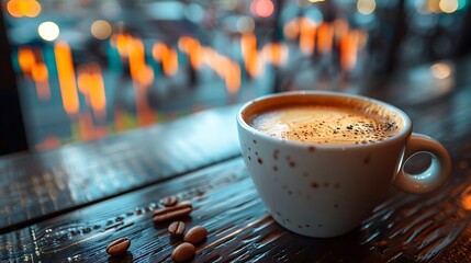a cup of hot coffee on the table with a background full of trading charts - obrazy, fototapety, plakaty