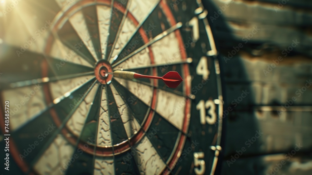 Poster a close-up shot of a dart hitting the bullseye. ideal for illustrating success and precision