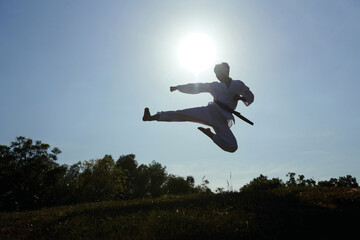 Silhouette of taekwondo athlete doing jump kick in rays on setting sun