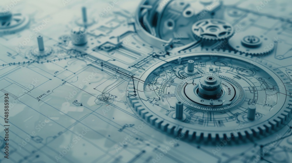 Poster close up of a clock on a blueprint, suitable for business concepts