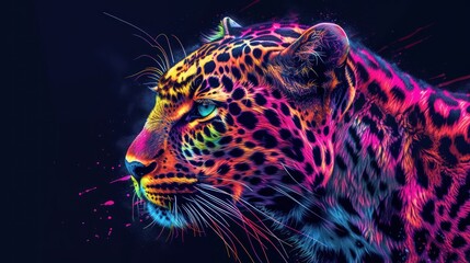 a close up of a colorful leopard's face on a black background with paint splattered all over it. - obrazy, fototapety, plakaty
