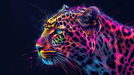 Foto op Aluminium a close up of a colorful leopard's face on a black background with paint splattered all over it. © Igor