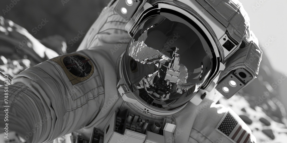 Poster a close up of a person wearing a space suit. perfect for science and technology concepts