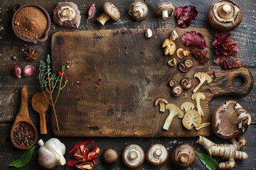 Fresh mushrooms and various spices on a wooden cutting board. Ideal for food blogs or recipe websites
