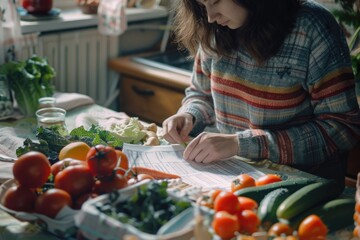 A woman sitting at a table with a variety of fresh vegetables. Suitable for cooking or healthy lifestyle concepts - obrazy, fototapety, plakaty