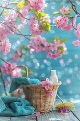 Fototapeta na wymiar A basket of towels and a bottle of lotion on a wooden table. Suitable for spa or beauty concepts