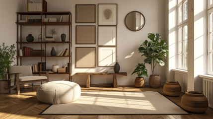 Sunlight, room and serene ambiance for chill vibes, natural light and a calming atmosphere. Soft shadows, streaming sunlight and cozy furnishings create an idyllic space. Perfect for home decor blogs - obrazy, fototapety, plakaty
