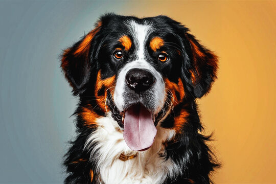 An image of a funny Bernese mountain dog on a color background