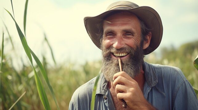 illustration of Portrait of a farmer eating sugar cane and smiling, Generative ai