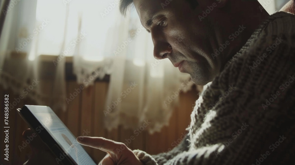 Poster a man focused on a tablet screen. ideal for technology concepts